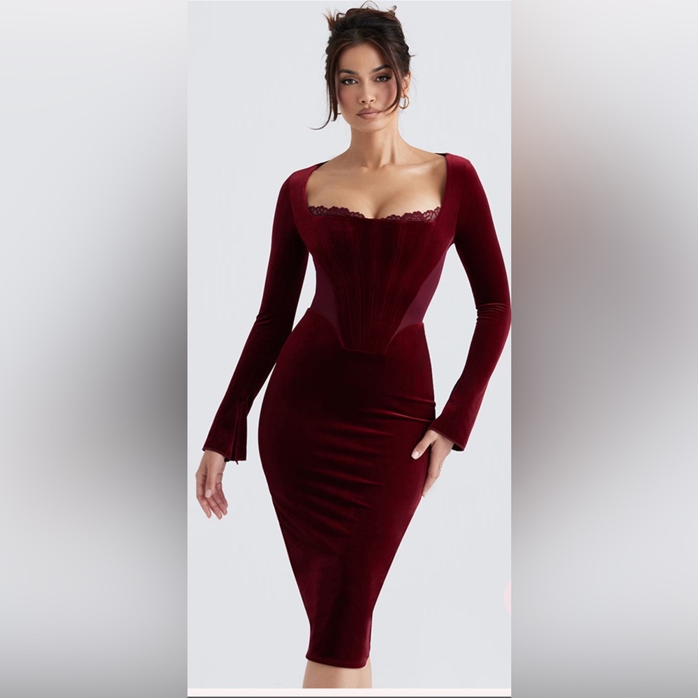 House of CB SOLAINE Wine Velvet Corset Dress midi